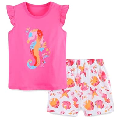Baby Toddler Girl's Summer Clothes Short Sleeve T Shirt Tee and Shorts Clothing Set Outfits Pink Seahorse 2t - Image 1