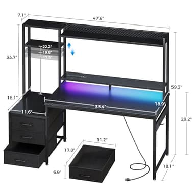 Casaottima 48 Inch Gaming Desk with Hutch & 3 Fabric Drawers, Computer Desk with USB Ports & LED Lights, Reversible Pc Gamer Table with Monitor Stand for Home Office, Carbon Fiber Black - Image 3