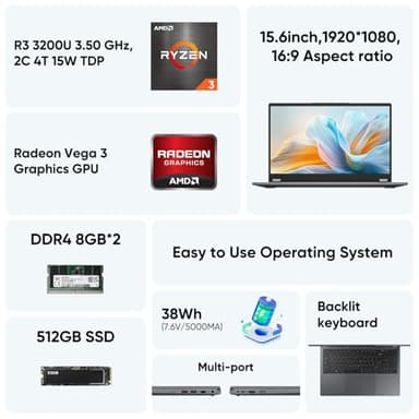AE86 15.6" 2-in-1 Laptop | 16GB DDR4 RAM 512GB Storage | AMD Ryzen 3 3200U (up to 3.5GHz) | AMD Radeon Vega 3 | FHD Touchscreen | Wi-Fi 5 | BT5.1 | RJ45 | Backlit Keyboard (Upgraded) - Image 4