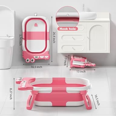 Collapsible Baby Bathtub for Newborn, Foldable Baby Bath Tub with Thermometer & Soft Floating Cushion & Drain Hole, Portable Travel Infant Bath Tubs for Newborns to Toddler 0-36 Months Girl, Pink - Image 4