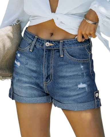 Angerella Navy Blue Jean Shorts for Women Summer Mid Waist Ripped Floded Hem Distressed Stretchy Denim Shorts M - Image 2