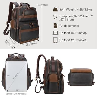 TIDING Leather Backpack 15.6 inch Laptop Backpack Vintage Business Travel Bag Large Capacity Daypacks - Image 3
