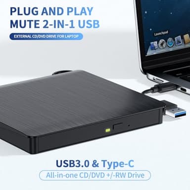 LLMHHKYK External CD/DVD Drive for Laptop, USB 3.0 & Type-C CD Burner, Portable DVD Player, Slim External Optical Drive Plug and Play, CD/DVD RW, Compatible with PC, Mac, Linux (2 in 1 Black) - Image 3