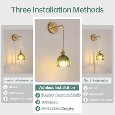 Battery Operated Wall Sconce with Green Tulip Shade Pattern Glass Adjustable Chain Retro Gold Wall Mounted Light, Modern Wall Lamp Fixtures Decor for Bedside Bedroom Indoor Doorway - Image 4