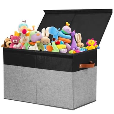 Gowee Large Toy Storage Box with Lid, Sturdy Toys Storage Chest Bin Organizer Basket with Dividers for Kids, Boys, Girls, Nursery, Closet, Bedroom, Playroom 25"x13" x16" (Black and Grey) - Image 1