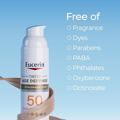 Eucerin Sun Tinted Age Defense Face Sunscreen Lotion SPF 50 with Hyaluronic Acid, Tinted Sunscreen for Face, Blendable Tint for All Skin Tones, Non Comedogenic and Hypoallergenic, 2.5 Fl Oz Bottle - Image 6