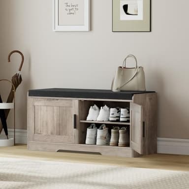 Homleke 2-Tier Storage Bench, Shoe Bench with Thickened Padded Seat Cushion, Entryway Bench with 2 Doors, Adjustable Shelf, 13.8" D x 37.4" W x 18.5" H, for Entryway, Living Room, Bedroom, Greige - Image 3