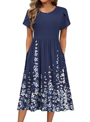 HOTOUCH Sundresses for Women 2025 Loose Midi Dress Short Sleeve Floral Dress Crewneck Flowy Aline Swing Dress with Sleeves Hawaiian Print Dresses - Image 1