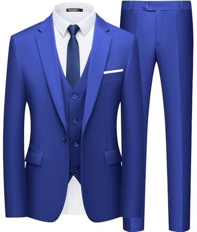 WULFUL Men’s Slim Fit Suit One Button 3-Piece Blazer Dress Business Wedding Party Jacket Vest & Pant Royal Blue - Image 1