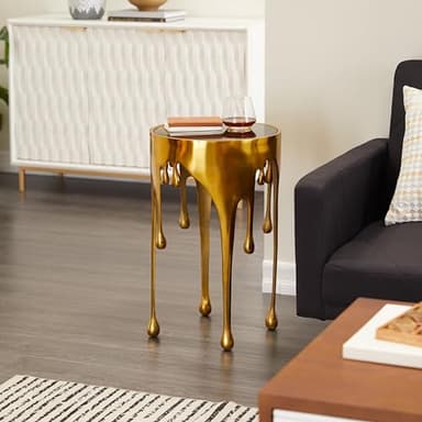 Deco 79 Aluminum Metal Abstract Melting Drip Accent Table with Melting Design and Shaded Glass Top, 16' x 16' x 25', Gold - Image 2