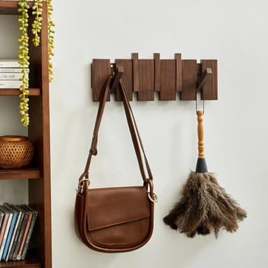 ESDOPA Wooden Coat Hooks Wall Mounted, Coat Rack Hanger Wall Mount with 5 Hooks, Modern Piano Coat Racks for Hanging Coats Keys Hats Towels Bags, Space-Saving Entryway Coat Rack, Walnut - Image 2