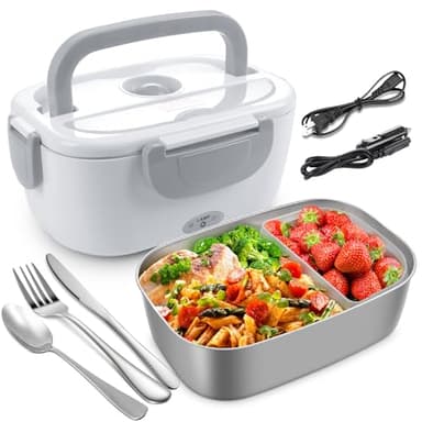 AsFrost Hot Lunch Box for Adults, 80W Fast Electric Lunch Box, 3 IN 1 Leakproof Lunch Electric Box Food Heater for 12/24/110V Car, Truck, Office Use, Food-Grade SS Container Heated LunchBox - Grey - Image 1