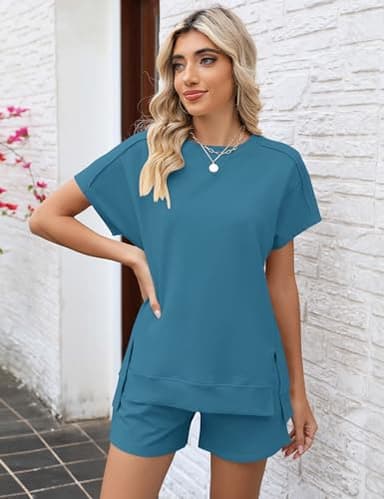 LOMON Casual Outfits for Women 2 Piece Lounge Shorts Sets with Pockets Summer Short Sleeve Sweatsuits Loungewear(Light Blue,XL) - Image 2