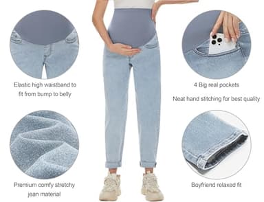 POSHGLAM Women's Maternity Jeans Over Belly Comfy Stretch 28'' Boyfriend Jeans Loose Pregnancy Pants(Light Blue, Medium) - Image 2