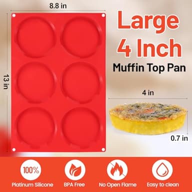 Jumbo Muffin Top Pan, 4 Inch Extra Large Egg Baking Pan for Oven Silicone Molds for Breakfast Sandwiches, English muffins, Whoopie Pies, Corn Bread, Egg bites, 2 Pack Red - Image 3