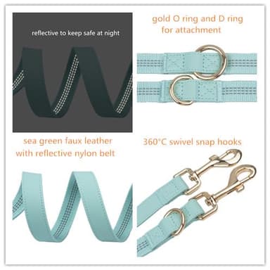 Leather Dog Collar and Leash Set 7FT Reflective at Night - Soft and Easy to Clean Vegan Leather with Gold Metal Buckle for Small Medium Large Dogs (S, Sea Green) - Image 4