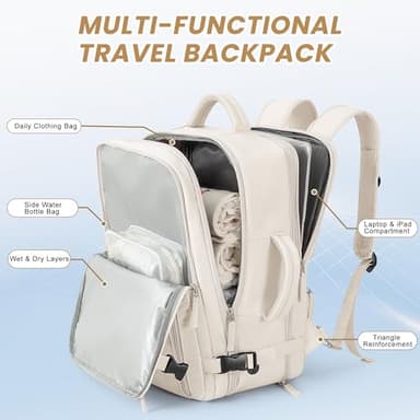 Beraliy Travel Backpack, Large Carry On Backpack, Personal Item Travel Bag, Airline Approved 17 Inch Laptop Backpack, College Weekender Business Hiking Bag, Beige - Image 3