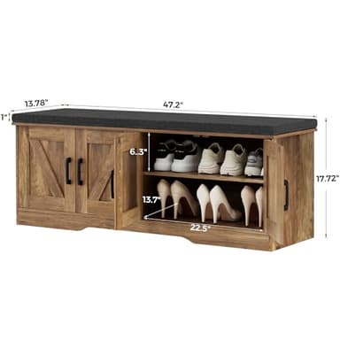 HOMSHO 2-Tier Storage Bench, 47.2" Wide Shoe Bench with Padded Seat Cushion, Entryway Bench with 4 Barn Doors and Adjustable Shelf, Rustic Walnut - Image 3