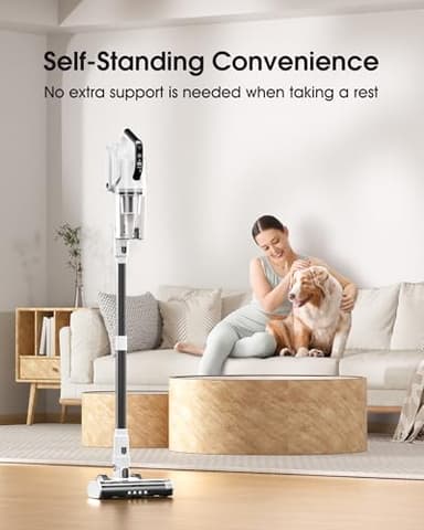Klarpul Cordless Vacuum Cleaner, 580W 48KPA 65Mins Runtime Fast Charging Vacuum Cleaner, Self-Standing LED Light Touch Screen Stick Vacuum for Home Light Weight,for Pet Hair/Carpet/Floor, White - Image 4