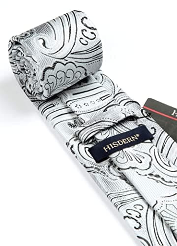 HISDERN Ties for Men Paisley Tie Handkerchief Set Woven Classic Floral Mens Tie Pocket Square Tuxedo Wedding Necktie White Silver - Image 4