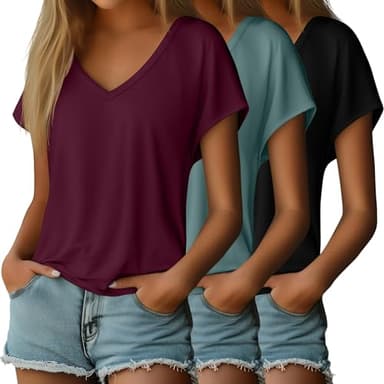 Ficerd 3 Pack Women's Dolman Sleeve Tops V Neck Summer Trendy T Shirts Dressy Casual Loose Fit Basic Tees(Medium,Black, Gray Green, Wine Red) - Image 1