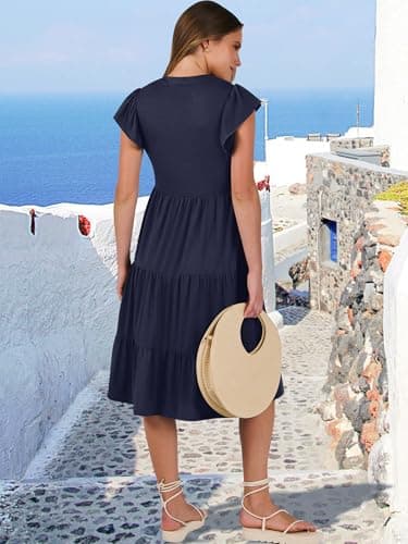 ANRABESS Womens Summer Ruffle Sleeve V Neck Floral Print Midi Dress 2025 Fashion Casual Fit Flowy Tiered Boho Beach Vacation Sundress Deep Navy Blue-S - Image 5