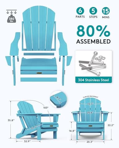 SERWALL Foldable Adirondack Chair Set of 4 for Patio Garden Outdoors- Aruba Blue - Image 2