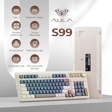AULA 99 Wireless Keyboard, Custom Computer Keyboard, Tri-Mode Bluetooth 5.0/2.4GHz/USB-C Cute Creamy Gaming Keyboards with Number Pad, RGB Backlit Media Knob Programmable Keybaord for PC Gamer - Grey - Image 2