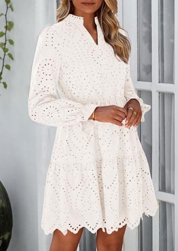 PRETTYGARDEN Women's Spring 2025 Long Puff Sleeve Mini Dress Hollow Out Lace V Neck A Line Ruffle Casual Party Dresses (White,Small) - Image 4