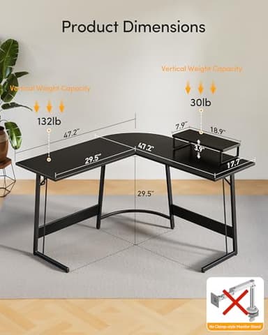 CubiCubi L Shaped Gaming Desk Computer Office Desk, 47 inch Corner Desk with Large Monitor Stand for Home Office Study Writing Workstation, Black - Image 3