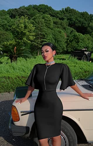 Memoriesea Women's Basic Bodycon Ruffle Flared Short Sleeve Pencil Midi Dress Black - Image 5