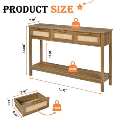 LAZZO Rattan Console Table Boho Entryway Table Narrow Long Sofa Table Hallway Foyer Table Behind Couch Table with 3 Drawers and Open Storage Shelf for Living Room and Corridor Brown - Image 3