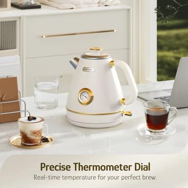 Hazel Quinn Retro Electric Kettle - 1.7 Liters / 57.5 Ounces Tea Kettle with Thermometer, All Stainless Steel, 1200 Watts Fast Boiling, BPA-free, Cordless, Automatic Shut Off - Pearl White - Image 4