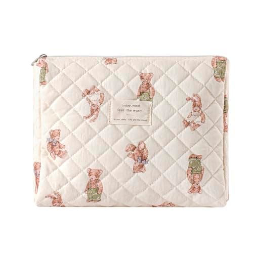 uekeboag Quilted Cotton Makeup Bag,Coquette Quilted Toiletry Bag for Women and Girls,Floral Coquette Pouch,Cute Kawaii Travel Cosmetic Bags(White Bear) - Image 1
