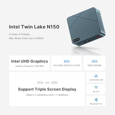 wo-we H5 Mini PC Intel Twin Lake N150 16GB RAM 512GB M.2 PCLe SSD 4C/4T 4K Triple Display Dual HDMI&Type-C,USB3.2 x4 Mini Desktop Computer for Home Office Business Gaming - Image 3