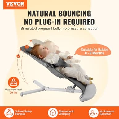 VEVOR Baby Bouncer, Folding Bouncer Seat for Babies 0-9 Months, Portable Baby Bouncer Seat with 2 Reclining Angles, 3-Point Harness & Carrying Bag, Ideal for Indoors Outdoors, Dark Gray - Image 4