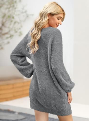 Meenew Women's Solid Long Sleeve Round Neck Oversized Knit Sweater Dress Gray M - Image 4