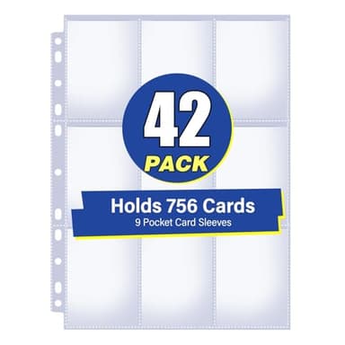 42 Pack 9 Pocket Double Side Card Sleeves Binder Sheets, Holds 756 Cards, Trading Card Binder Sleeves for 3 Ring Binder, Card Sleeve Pages for Baseball, Football, Business, TCG, Kpop Cards - Image 1