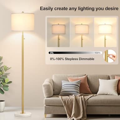 【Upgraded】Dimmable Gold Floor Lamps for Living Room, 11W LED Bulb Included, Modern Standing Lamp with Marble Base, Tall Pole Light with White Linen Shade for Bedroom Reading Office Corner Nursery - Image 3