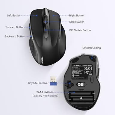 TECKNET Wireless Silent Mouse, Quiet Click, 2.4G Optical Cordless Mouse, 6 Adjustable 4000 DPI, Computer Mice for Laptop, Chromebook - Black - Image 7