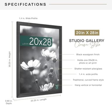 MCS Studio Gallery Classic 20x28 Poster Frame Black Woodgrain, Vertical & Horizontal Wall Hanging Large Picture Frame for Photos, Posters & Art Prints (1-Pack) - Image 4