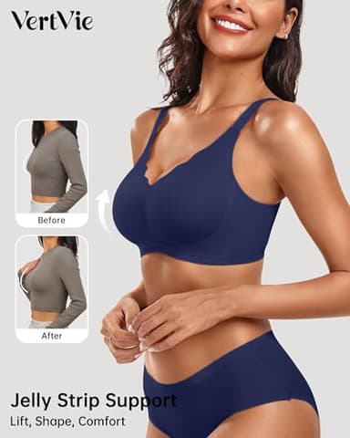 Vertvie Womens Seamless Bras No Underwire Supportive Wireless Push Up Full Coverage Bralette Comfort Scalloped T-Shirt Bra(Navy Blue,Medium) - Image 2