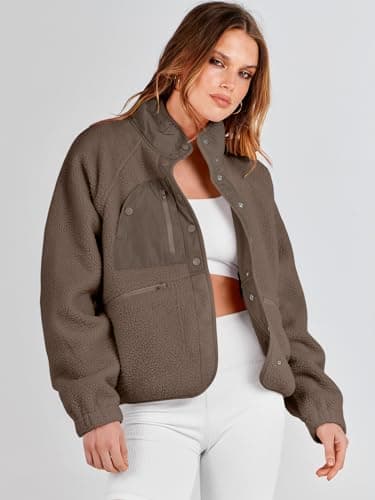 ANRABESS Womens Fuzzy Fleece Jacket Fall Casual Long Sleeve Cropped Sherpa Button Down Shacket Coats Outwear With Pockets Coffee Medium - Image 8