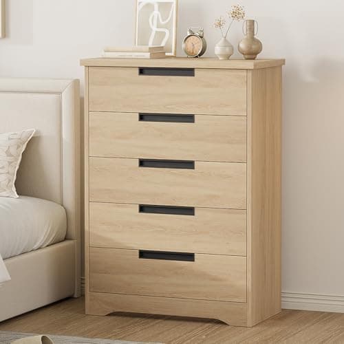 GarveeHome 5 Drawer Dresser for Bedroom, Natural Chest of Drawers with Embedded Handles, Wooden Dresser Organizer for Living Room, Nursery, Hallway and Entryway - Image 1