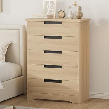 GarveeHome 5 Drawer Dresser for Bedroom, Natural Chest of Drawers with Embedded Handles, Wooden Dresser Organizer for Living Room, Nursery, Hallway and Entryway - Image 1