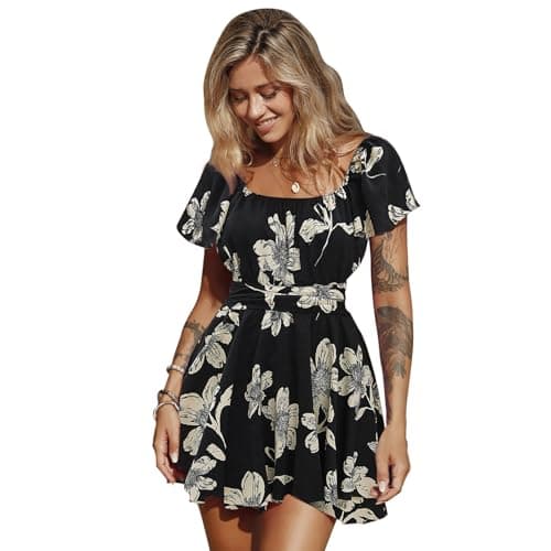 EXLURA Women's 2025 Summer Ruffle Short Sleeve Tie Back Romper Dress Square Neck A Line Cute Dressy Short Jumpsuits Black Floral - Image 1