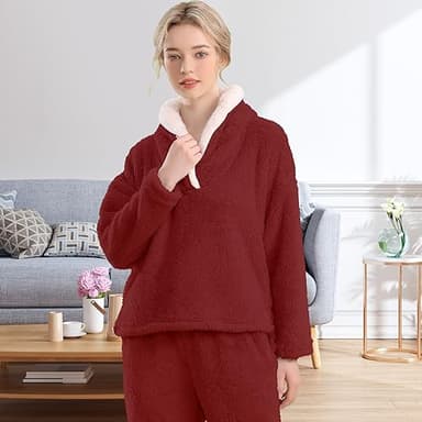 BOSECETA Fluffy Pajamas Set for Women Soft Comfy Fleece Pjs Pullover Pants Loose Plush Sleepwear Fuzzy Loungewear for Winter (Wine red,Medium) - Image 4