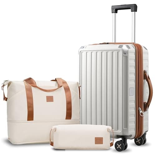 LUGGEX Carry On Luggage Sets 3 Piece, PC Expandable Hardshell Luggage with Spinner Wheels, White Brown - Image 1