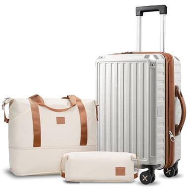 LUGGEX Carry On Luggage Sets 3 Piece, PC Expandable Hardshell Luggage with Spinner Wheels, White Brown - Image 1