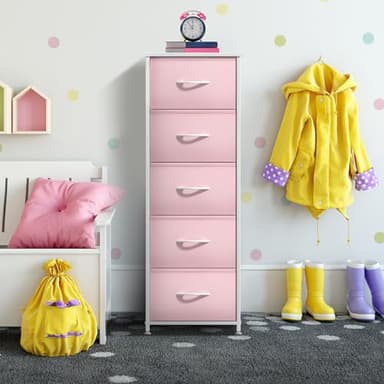 Sorbus Fabric Dresser for Kids Bedroom - Chest of 5 Drawers, Tall Storage Tower, Clothing Organizer, for Closet, for Playroom, for Nursery, Steel Frame, Fabric Bins - Wood Handle (Pink) - Image 6